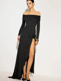 COMMENSE Off-Shoulder Ruched Bow Split Dress* Dresses