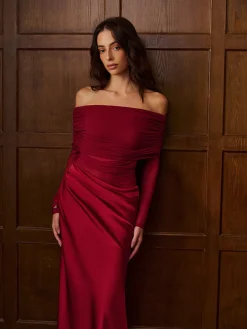 COMMENSE Off-Shoulder Ruched Satin Panel Dress* Dresses
