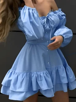 COMMENSE Off-Shoulder Ruffle Trim Short Dress* Casual Dresses|Summer Dresses