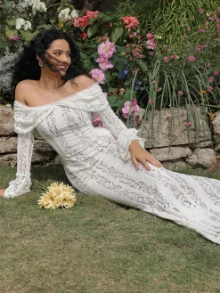 COMMENSE Off-Shoulder Ruffle-Cuff Lace Long Dress* Dresses