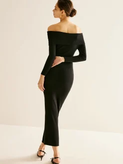 COMMENSE Off-Shoulder Split Sweater Dress* Black Dresses|Sweater Dresses