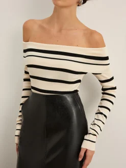 COMMENSE Off-Shoulder Striped Slim Sweater* Sweater Tops|Sweaters & Cardigans