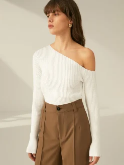 COMMENSE One Shoulder Long Sleeve Ribbed Pullover Sweater* Sweater Tops|Sweaters & Cardigans