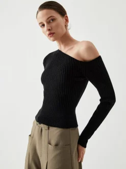 COMMENSE One Shoulder Long Sleeve Ribbed Pullover Sweater* Sweater Tops|Sweaters & Cardigans