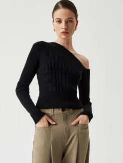 COMMENSE One Shoulder Long Sleeve Ribbed Pullover Sweater* Sweater Tops|Sweaters & Cardigans