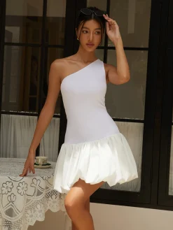 COMMENSE One Shoulder Off Bodycon Short Dress* White Dresses|Vacation Dresses