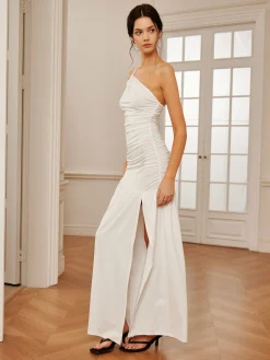 COMMENSE One Shoulder Pleated Split Long Dress* White Dresses|Casual Dresses