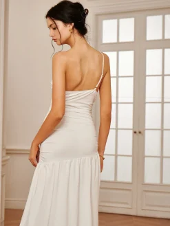 COMMENSE One Shoulder Pleated Split Long Dress* White Dresses|Casual Dresses