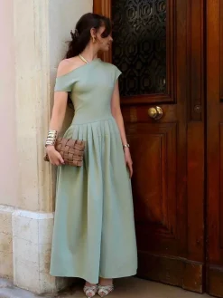COMMENSE One Shoulder Pleated Split Long Dress* Work Dresses|Vacation Dresses