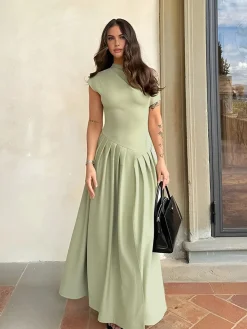 COMMENSE One Shoulder Pleated Split Long Dress* Work Dresses|Vacation Dresses