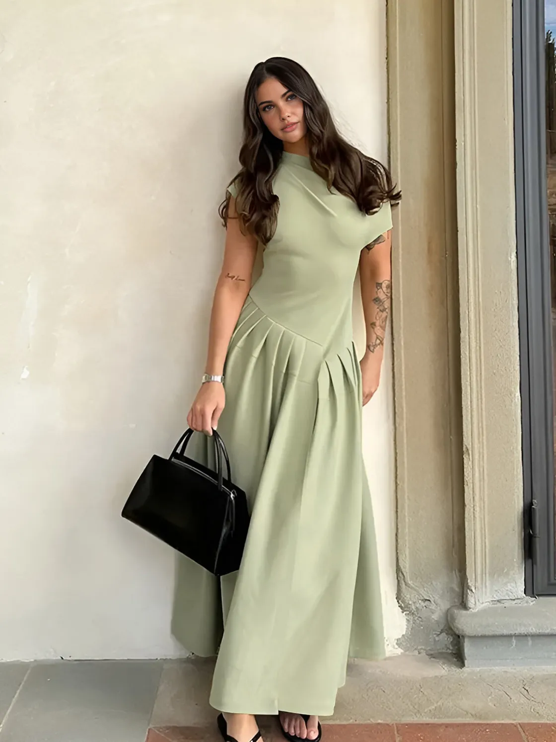 COMMENSE One Shoulder Pleated Split Long Dress* Work Dresses|Vacation Dresses