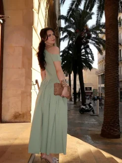 COMMENSE One Shoulder Pleated Split Long Dress* Work Dresses|Vacation Dresses