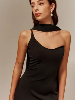 COMMENSE One Strap Long-Ribbon Chiffon Dress* Black Dresses|Cocktail & Party Dresses