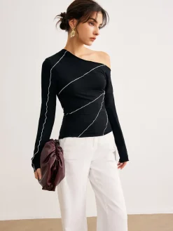 COMMENSE One-Shoulder Contrast Piping Skinny Blouse* Blouses & Shirts|Tops