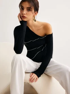 COMMENSE One-Shoulder Contrast Piping Skinny Blouse* Blouses & Shirts|Tops