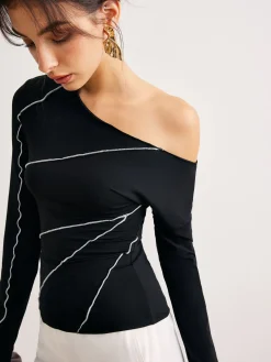 COMMENSE One-Shoulder Contrast Piping Skinny Blouse* Blouses & Shirts|Tops