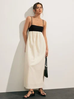 COMMENSE Open Back Contrast Pocket Long Dress* White Dresses|Casual Dresses