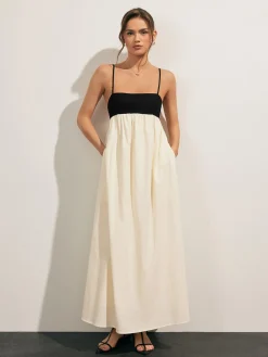 COMMENSE Open Back Contrast Pocket Long Dress* White Dresses|Casual Dresses