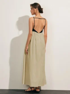 COMMENSE Open Back Contrast Pocket Long Dress* White Dresses|Casual Dresses