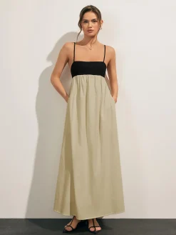 COMMENSE Open Back Contrast Pocket Long Dress* White Dresses|Casual Dresses