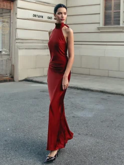COMMENSE Open Back Satin Halter Dress* Casual Dresses|Cocktail & Party Dresses