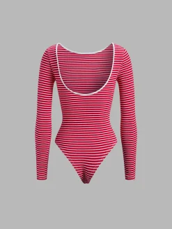 COMMENSE Open Back Stripe Long Sleeve Bodysuit* Sweater Tops|Bodysuits