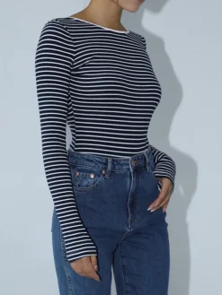 COMMENSE Open Back Stripe Long Sleeve Bodysuit* Sweater Tops|Bodysuits