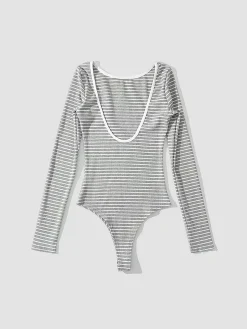 COMMENSE Open Back Stripe Long Sleeve Bodysuit* Sweater Tops|Bodysuits