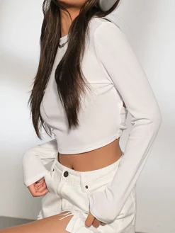 COMMENSE Open Back Twist Long Sleeve Crop Shirt* Crop Tops|T-shirts