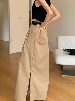 COMMENSE Oversized Cotton Split Maxi Skirt Without Belt* Skirts|Bottoms