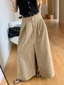 COMMENSE Oversized Cotton Split Maxi Skirt Without Belt* Skirts|Bottoms