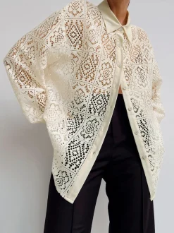 COMMENSE Oversized Eyelet Button Down Shirt* Blouses & Shirts|Tops