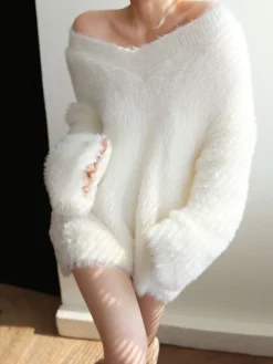 COMMENSE Oversized Fuzzy V-neck Sweater* Sweater Tops|Sweaters & Cardigans