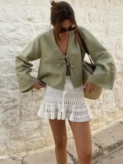 COMMENSE Oversized Long Tie-Front Sleeve Blouse* Blouses & Shirts