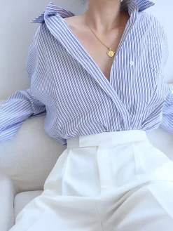 COMMENSE Oversized Pinstripe Button Down Shirt* Blouses & Shirts|Tops