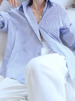 COMMENSE Oversized Pinstripe Button Down Shirt* Blouses & Shirts|Tops