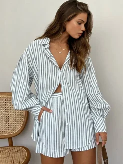 COMMENSE Oversized Striped Pockets Casual Shorts Set* Shorts Sets|Shorts