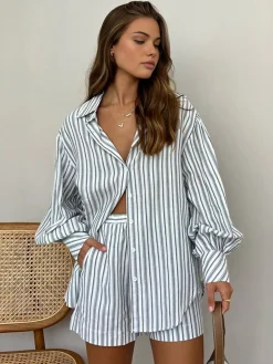 COMMENSE Oversized Striped Pockets Casual Shorts Set* Shorts Sets|Shorts