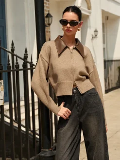COMMENSE Panel Neck Double-Zip Crop Cardigan* Cardigans|Sweaters & Cardigans