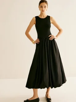 COMMENSE Panel Pleated Jersey Tank Dress* Black Dresses|Casual Dresses