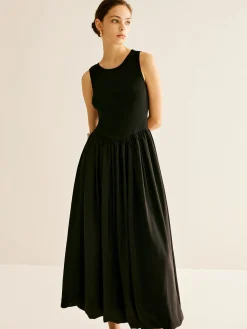 COMMENSE Panel Pleated Jersey Tank Dress* Black Dresses|Casual Dresses