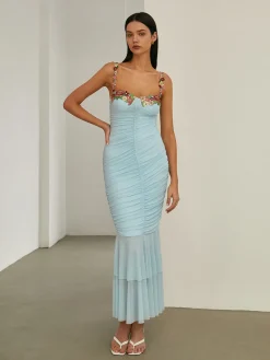 COMMENSE Paradise Flower Trim Pleated Mermaid Long Dress* Vacation Dresses|Summer Dresses