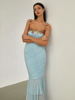 COMMENSE Paradise Flower Trim Pleated Mermaid Long Dress* Vacation Dresses|Summer Dresses