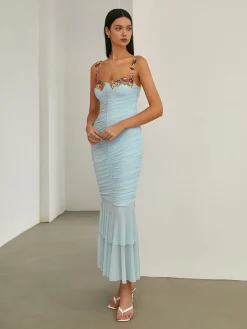 COMMENSE Paradise Flower Trim Pleated Mermaid Long Dress* Vacation Dresses|Summer Dresses