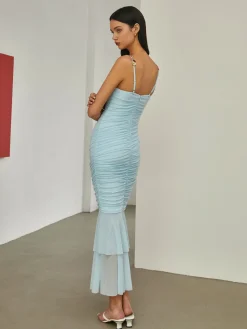 COMMENSE Paradise Flower Trim Pleated Mermaid Long Dress* Vacation Dresses|Summer Dresses