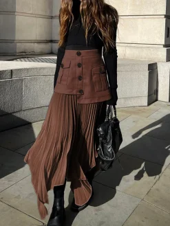 COMMENSE Patchwork Asymmetrical Pleated Buttoned Midi Skirt* Skirts|Bottoms