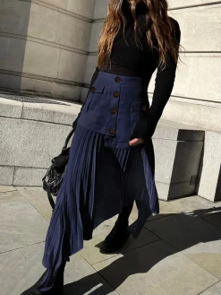 COMMENSE Patchwork Asymmetrical Pleated Buttoned Midi Skirt* Skirts|Bottoms