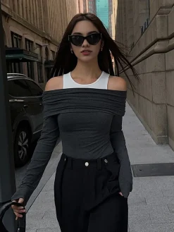 COMMENSE Patchwork Contrast Color Crew Neck Overfold Cold Shoulder Ribbed Knit Shirt* T-shirts|Knitwear