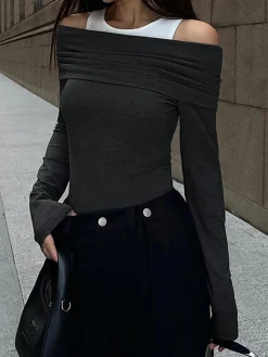 COMMENSE Patchwork Contrast Color Crew Neck Overfold Cold Shoulder Ribbed Knit Shirt* T-shirts|Knitwear