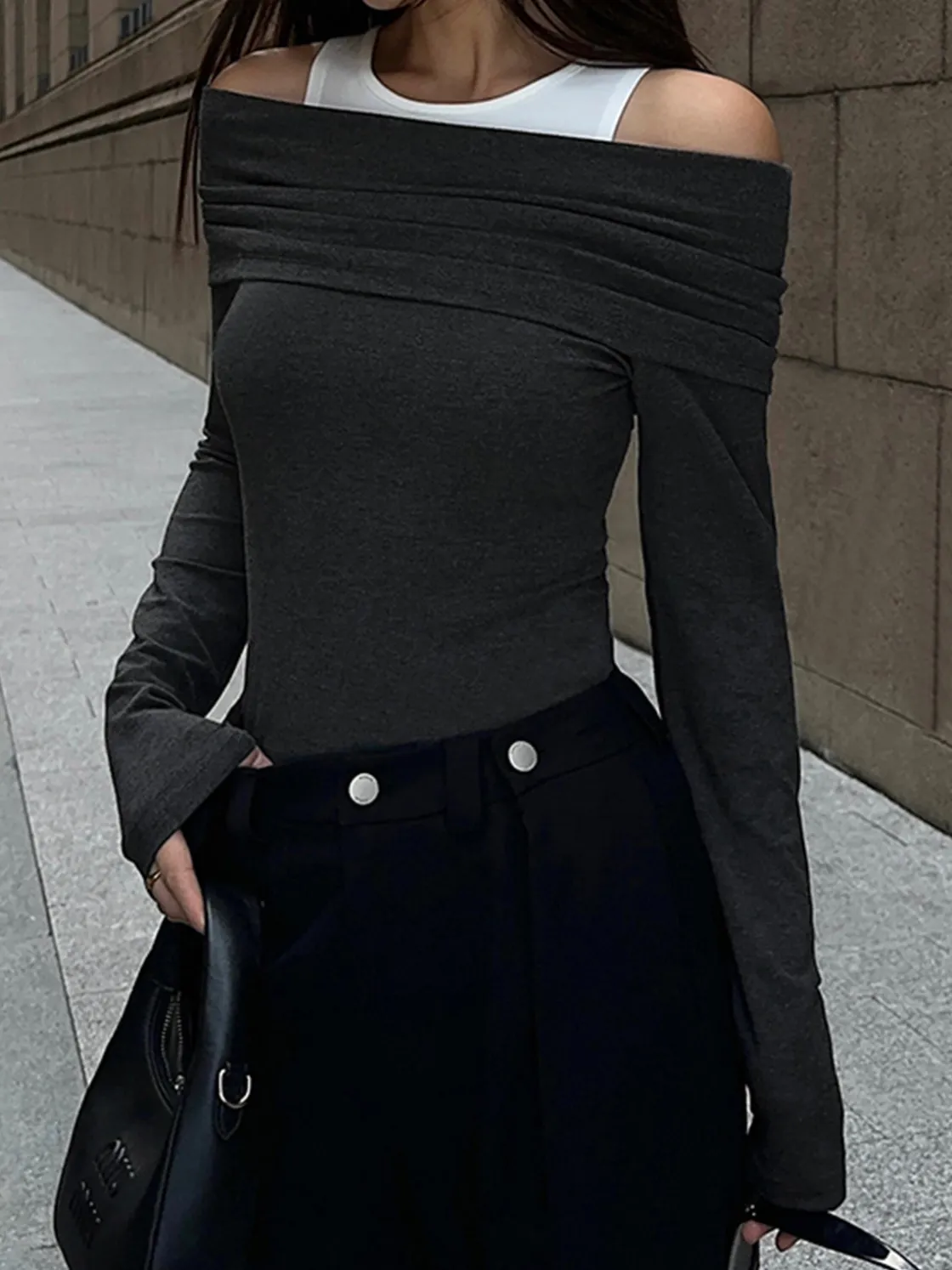 COMMENSE Patchwork Contrast Color Crew Neck Overfold Cold Shoulder Ribbed Knit Shirt* T-shirts|Knitwear